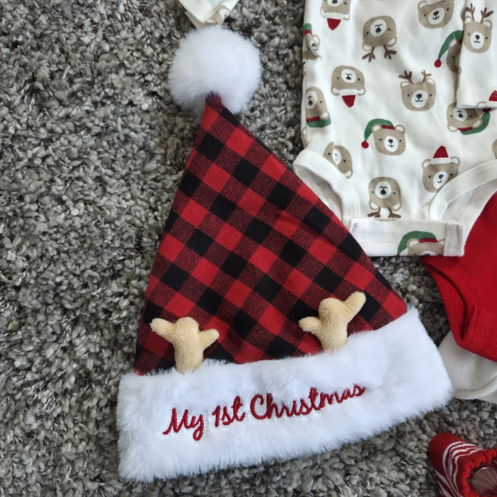 Holiday 1st Christmas Outfit Bundle Reindeer Bodysuit Set - Red and Cream